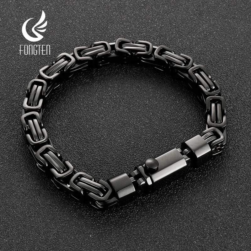 

Fongten 22.5cm Byzantine Bracelet For Men Metal Stainless Steel Square Box Chain Bracelets Bangles Men's Multiple Color Jewelry