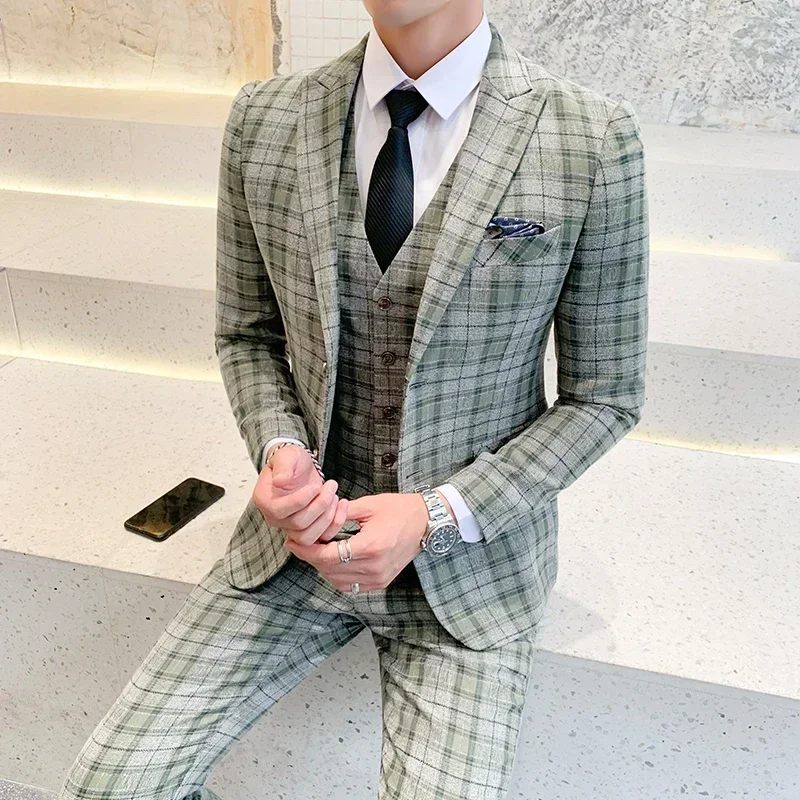 Mens Casual Business Suit Plaid 3pces Set Jacket Vest Pants Groom Wedding Dress Blazer