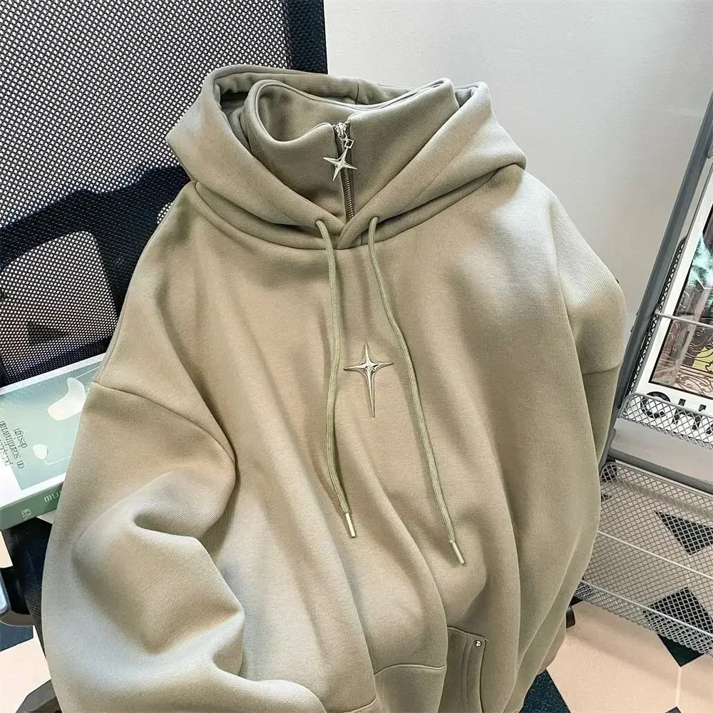 

American Style Retro Design Sense Four Pointed Star High Collar Hooded Sweater for Men and Women Trend Winter Thick Top Coat