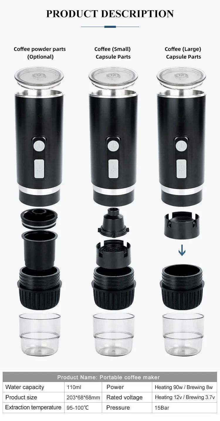 Mini Electric Coffee Machine, Car Travel, Outdoor Coffee Cup, 110ML Single Capsule Cup, Rechargeable Ltalian Espresso