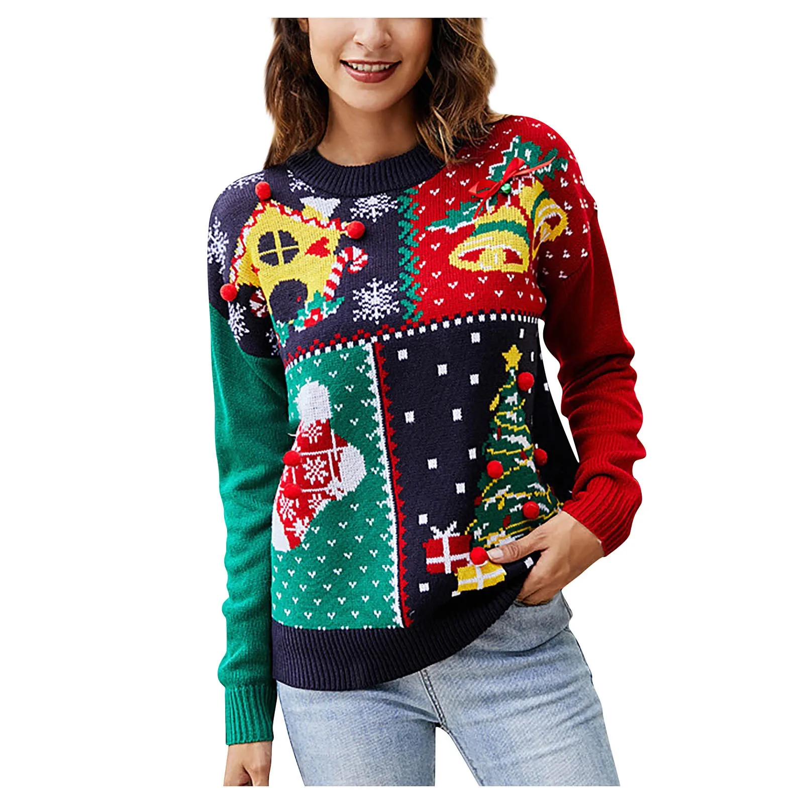 

Женский Рождественский свитер, пуловер с круглым вырезом, вязаный пуловер в рубчик, Зимний короткий рождественский джемпер большого размера, повседневный яркий свитер контрастных цветов
