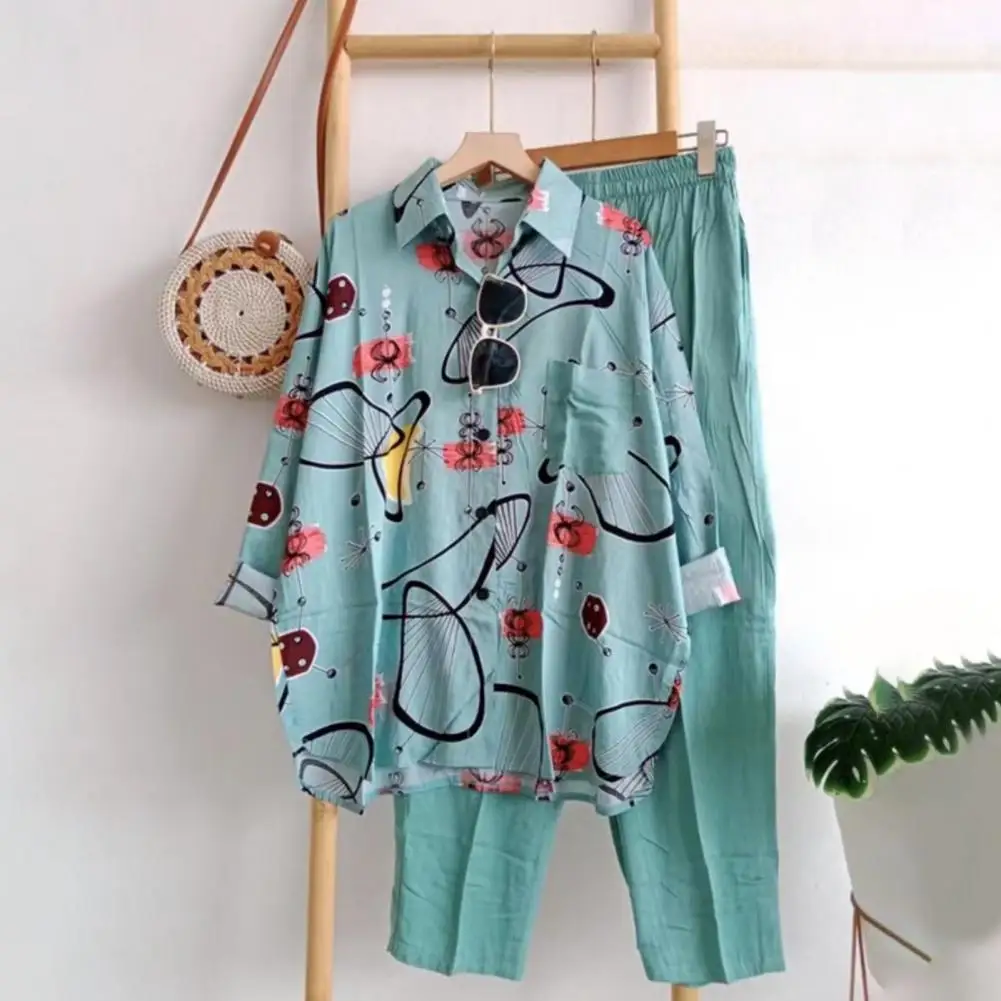 

2 Pcs/Set Stylish Turn-down Collar Patch Pocket Women Shirt Pants Set Deep Crotch Summer Vacation Blouse Pants Suit
