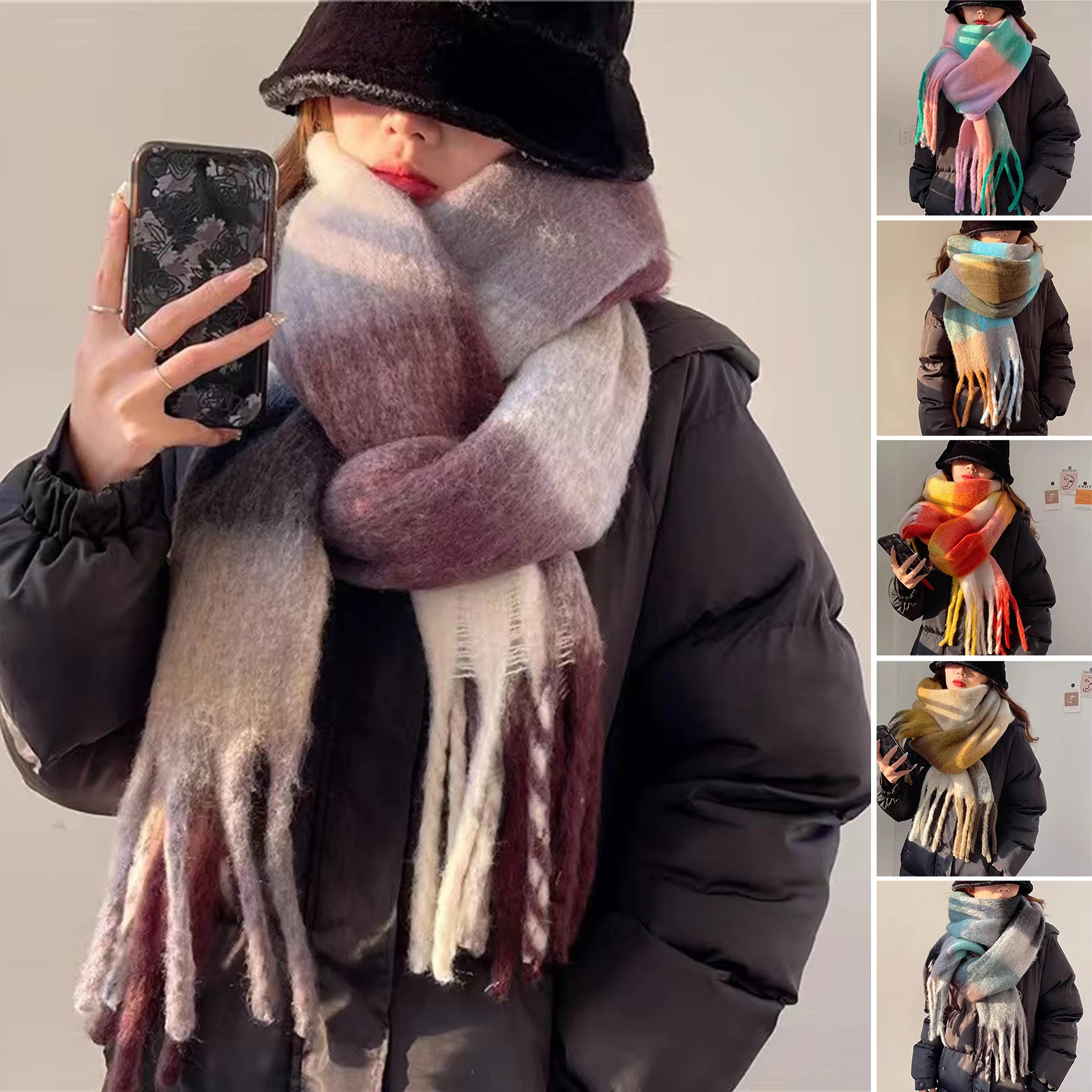 Women Rainbow Winter Plaid Cashmere Scarf Shawl Wrap Chequered Scarves Necks Warm Long Tassel Thicker bufanda invierno mujer 2