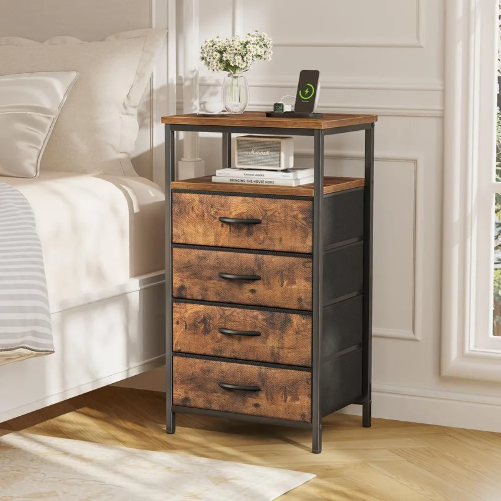 

Bedside table with charging station and 4 drawers, 33.5-inch high bedside table with open shelves