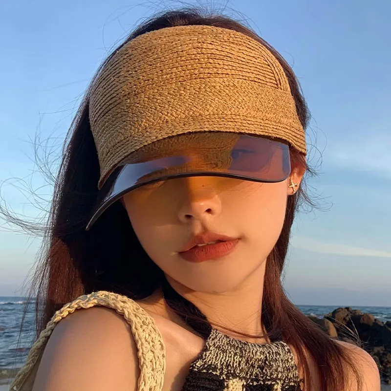 여성용 라피아 밀짚 바이저 모자, 조절 가능한 빈 탑 야구 모자, 패치워크 투명 갈색 여름 모자, 야외 비치 모자 헬렌카민스 골프모자 썬캡 여름모자 헬렌카민스키 모자 여름모자 여성 밀집모자