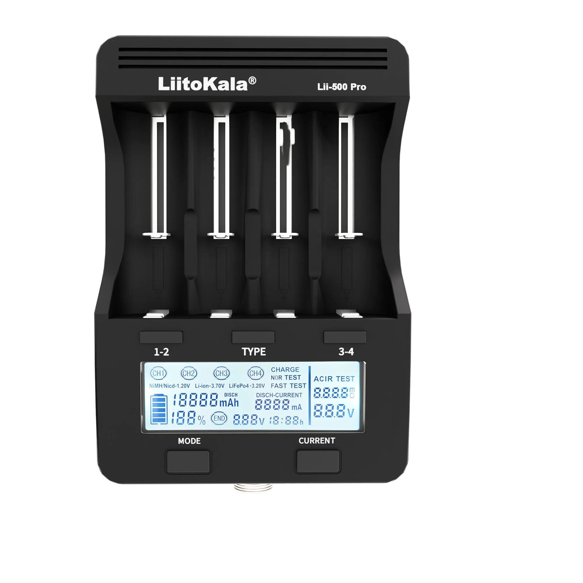 Caricabatterie, LiitoKala Lii-500 Pro, per batterie al litio 18650 26650 21700, Ni-MH Ni-CD, Display, Test di capacità, Spina EU - immagine 6
