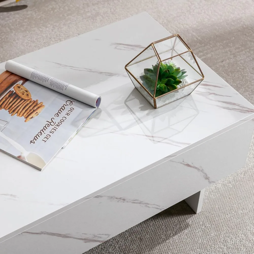 41" Marble White Cool Coffee Table for Living Room,Rectangular Glossy Smart Contemporary Center Table for Waiting Area, 4