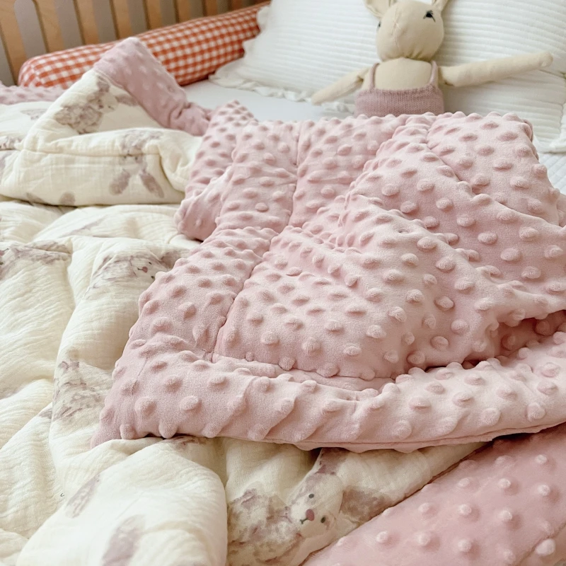 Baby Minky Dot Quilt for Autumn Winter Bear Rabbit Muslin Newborn Crib Blanket Comforter Kids Fleece Thermal Sleeping Cover