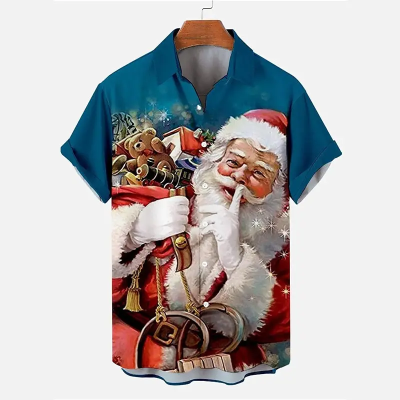 Christmas casual men's short-sleeved shirt New Year's handsome lapel top comfortable loose casual men's shirt Christmas shirt