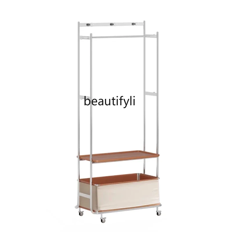 

Solid Wood Coat and Hat Rack Floor Mobile Hanger Bedroom Small Stainless Steel Hanger Home Storage Rack