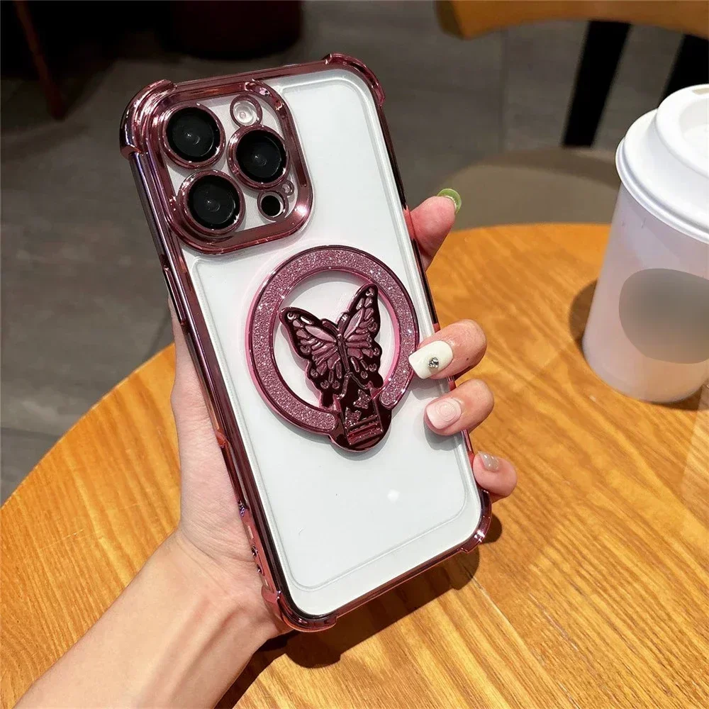 Luxury Glitter Rhinestones Butterfly Stand Phone Case with Electroplated Space Cover