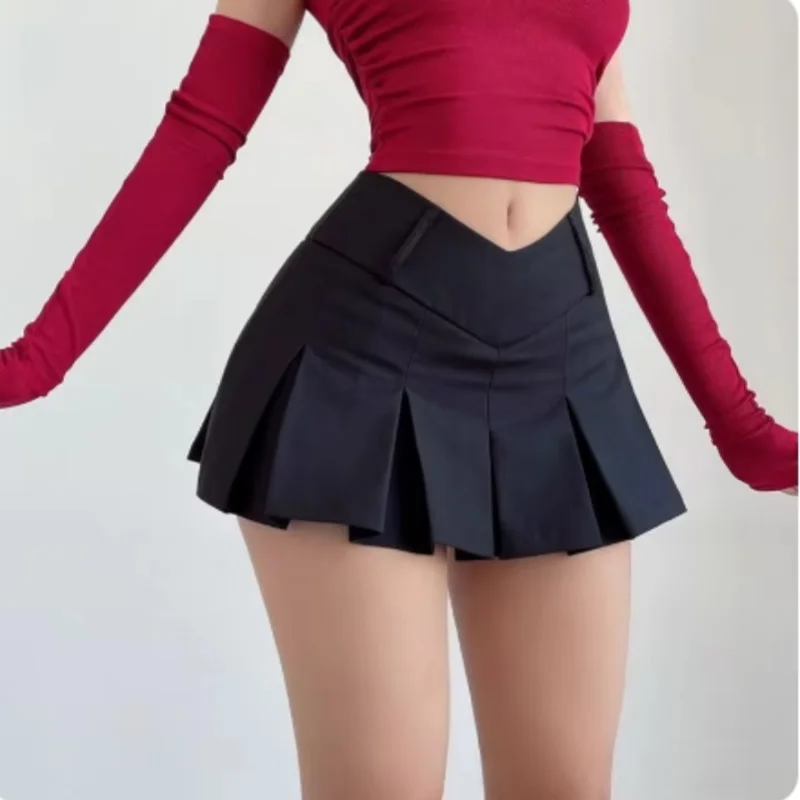 Y2k pleated mini skirt women's V-shaped low waist summer sexy retro solid color A-line mini skirt fashion college style