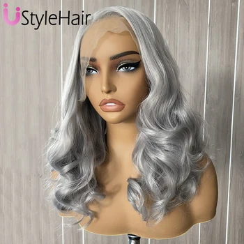 Silver Grey Lace Wig Short Wave Body Wave Lace Front Wigs for Women Natural Hairline Synthetic Hair Wigs Daily Wear Cosplay Wig