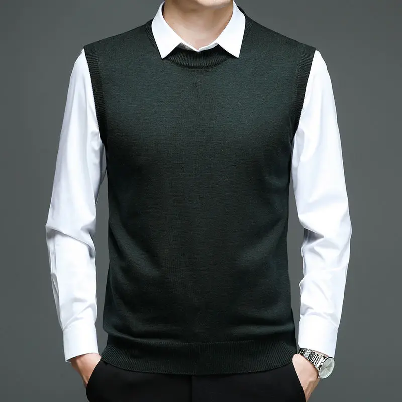 Autumn Winter New Knitted Round Neck Sleeveless Sweater Solid Patchwork Screw Thread Vest Korean Versatile Casual Men Tank Top