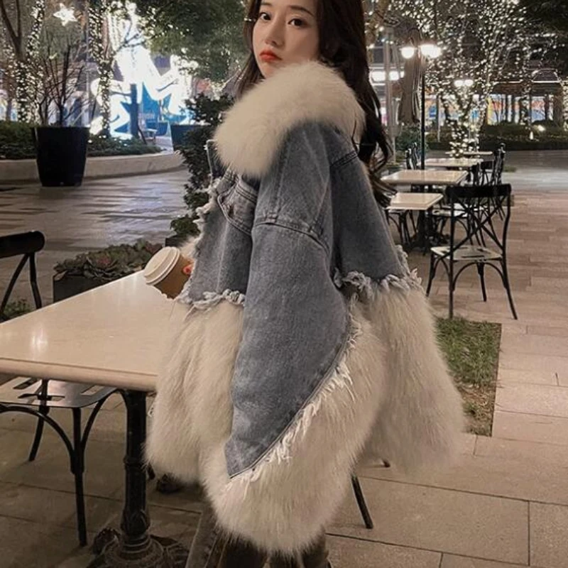 2023 Winter New Patchwork Denim Faux Fur Coat Women Fashion Fur Integrated Parkas Mid Length Version Fashion Loose Warm Outwear