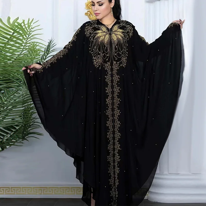 Black Jellaba For Women Muslin Dubai Turkey Morocco Caftan Kaftan Loose Bat Sleeves V-neck Robe Fashion Women Clothing Islam