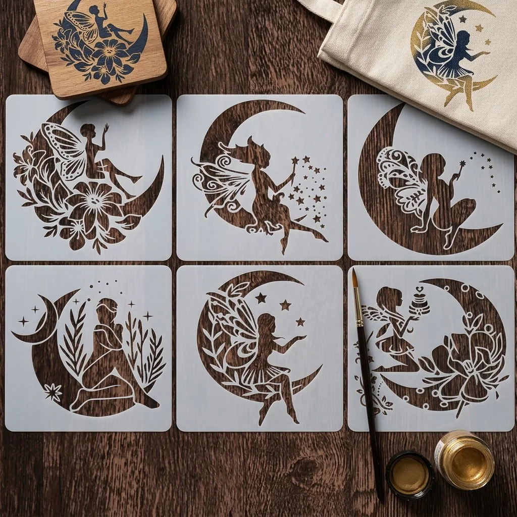 6pcs 문 엘프 시리즈 스텐실, DIY 홈 장식, 벽 예술, 나무 및 돌에 그라피티를 그릴 수 있는 5.9 재사용 가능한 플라스틱 템플릿, 문 스텐실