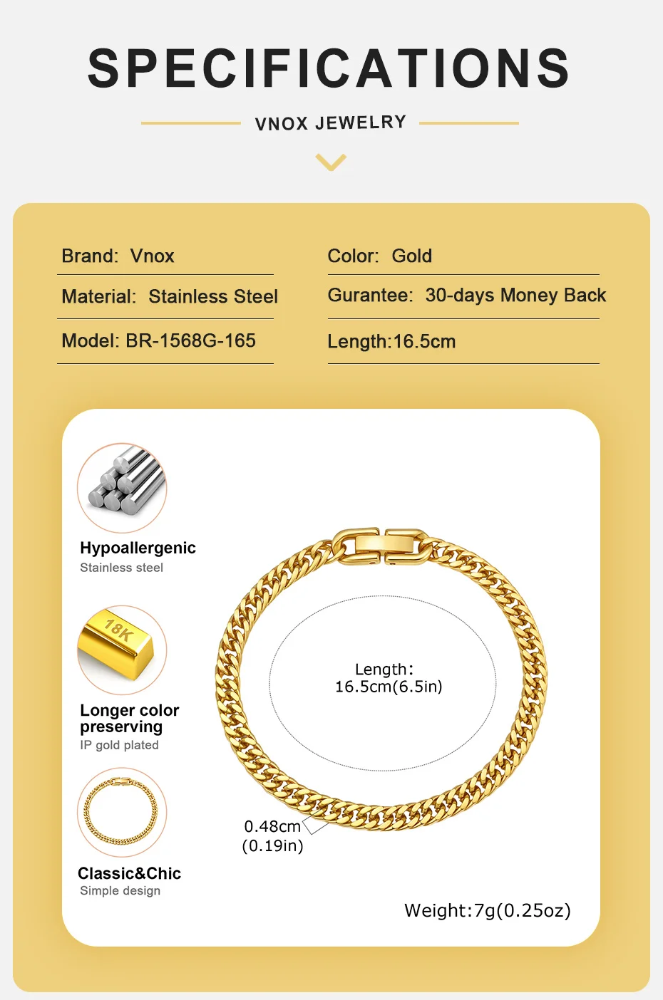 Vnox Damen Edelstahl Panzerketten-Armband, Vergoldetes Einfaches Kettenarmband für Frauen Geschenk-Schmuck – Detail 4