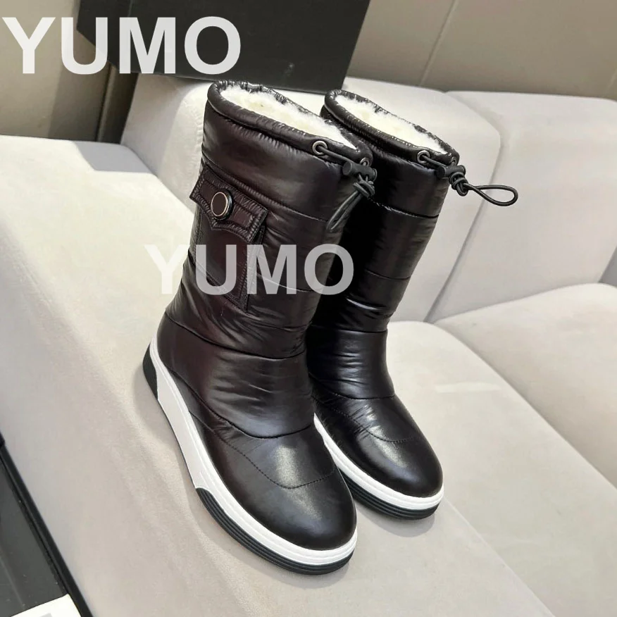 

Autumn Winter Women WaterProof Round Toe Ankle Boots Solid Slip On Elastic Thick Sole Fur Inside Runway Boots High Quality 2024