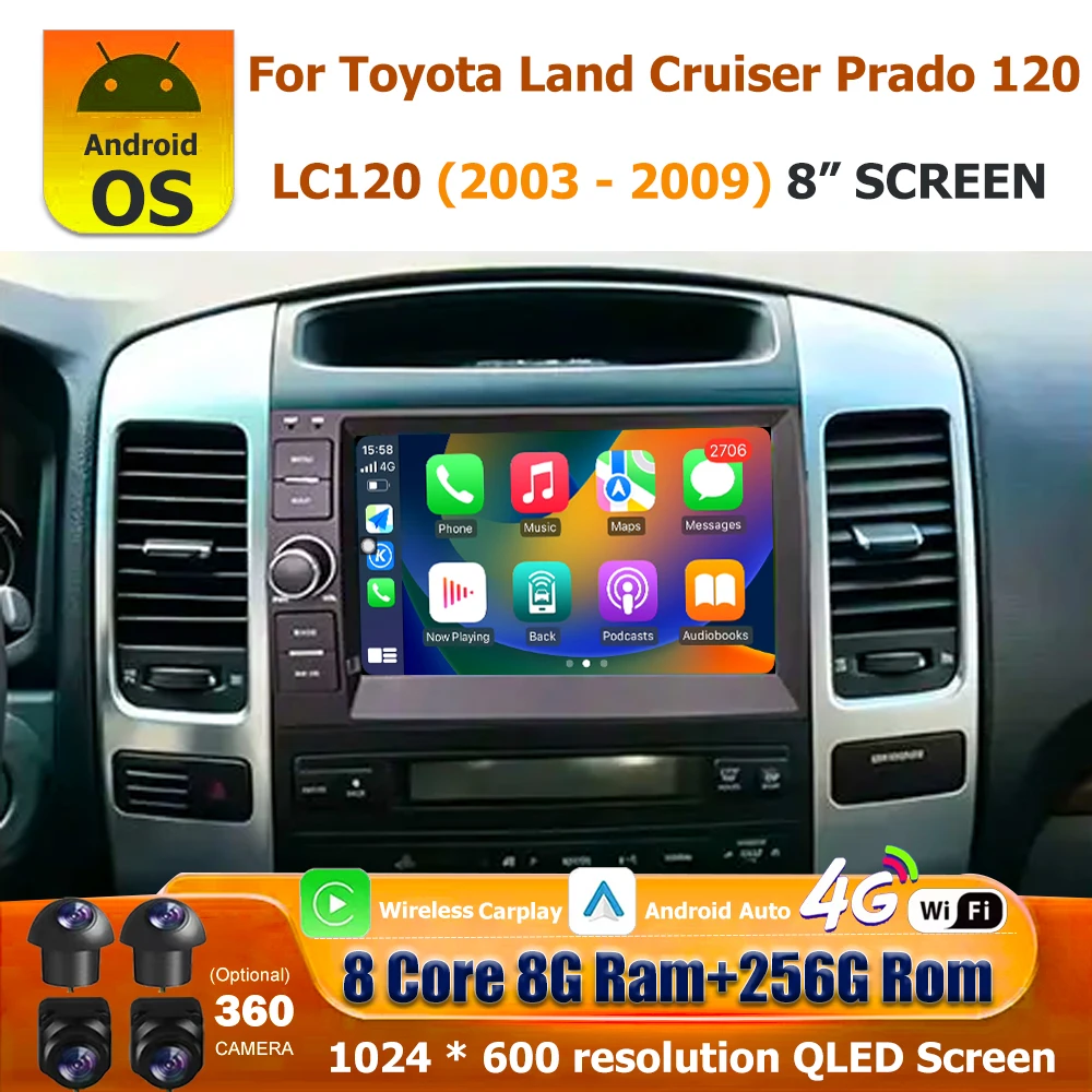 Autoradio Android 16 con Carplay per Toyota Land Cruiser Prado 120 LC120 2003-2009, Lettore Multimediale con GPS e Navigazione