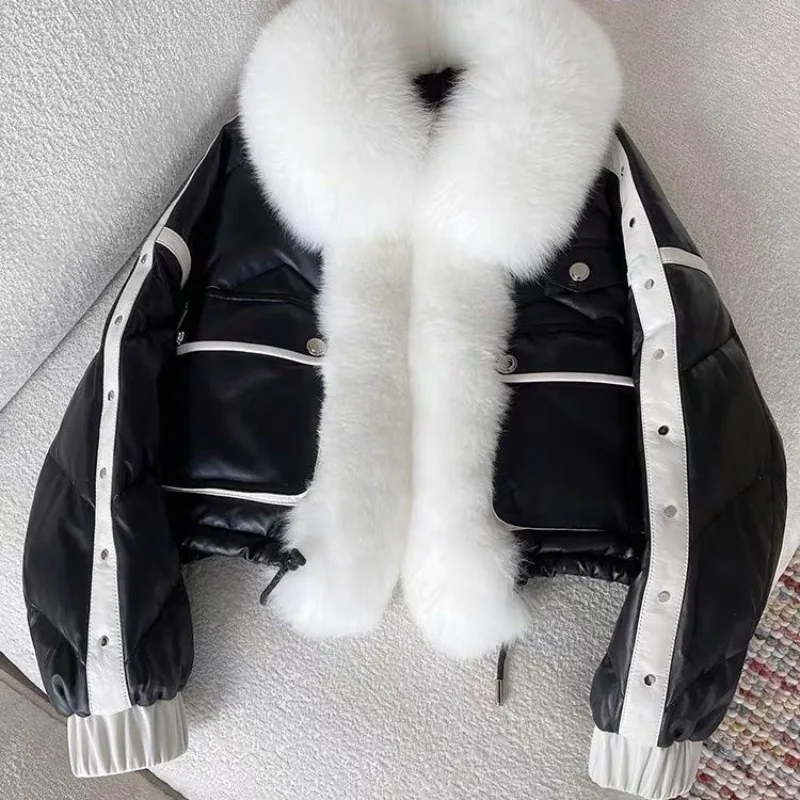 

Winter Coat Women Young Fur Faux Fox Collar Short High Waisted Leather Down Cotton Winter Leather Jacket Women's Cotton Coat