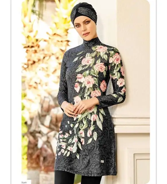 Adasa 4110 Black Digital Pattern Lycral full size hijab swimsuit