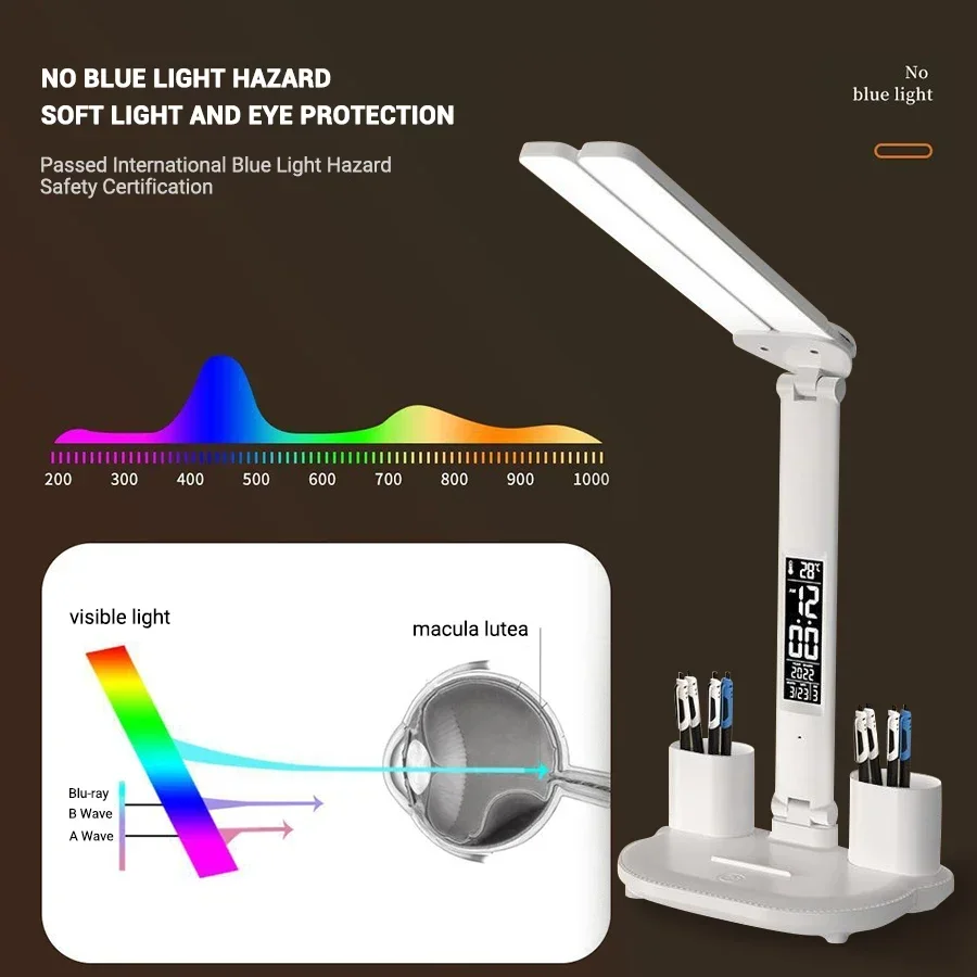 LED Table Lamp Double-Headed USB Chargeable Dimmable Desk Lamp with Calendar Clock Foldable Eye Protection Reading Night Light