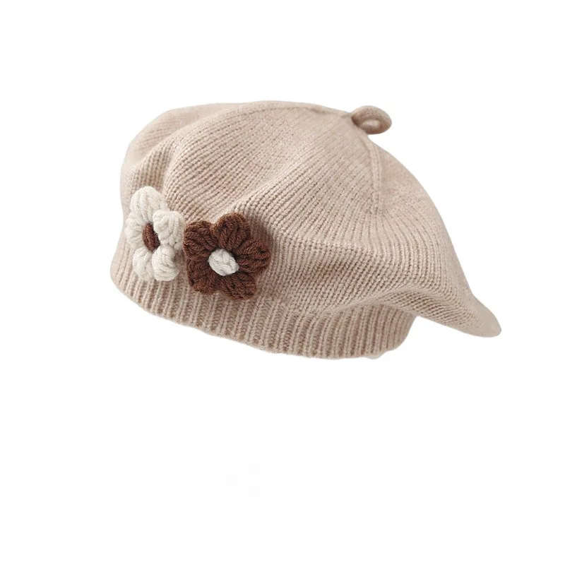 Knit Hat Flower Beret Cap for Infant Girls Korean Toddler Princess