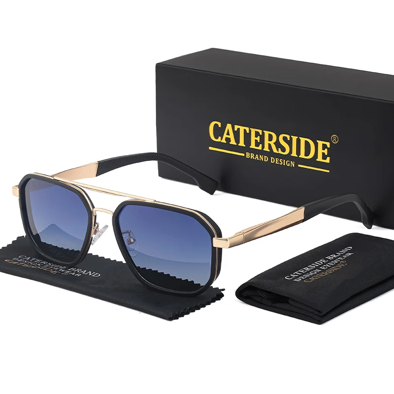 CATERSIDE Retro Polygonale Polarisierte Sonnenbrille für Herren, Punk-Metallrahmen, Flacher Oberteil, Doppelbrücke, Sonnenbrille zum Fahren und Angeln