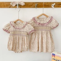 Vêtements d'été pour petites filles, manches courtes, en dentelle, à fleurs, en coton, barboteuse, robe de princesse, tenue assortie pour sœur, nouvelle collection 1