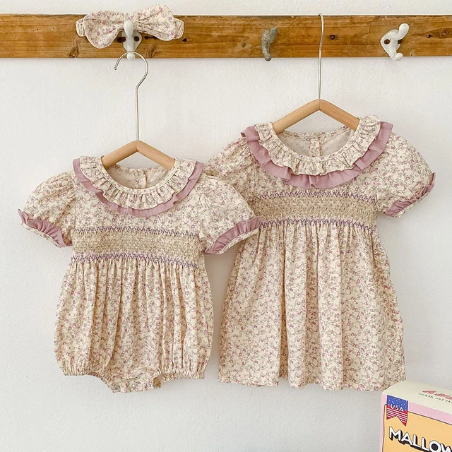Vêtements d'été pour petites filles, manches courtes, en dentelle, à fleurs, en coton, barboteuse, robe de princesse, tenue assortie pour sœur, nouvelle collection 1