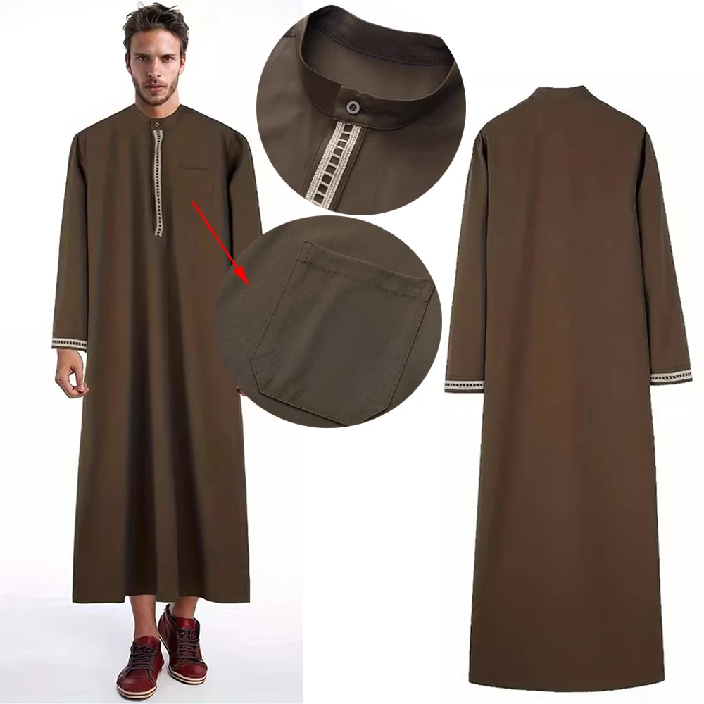 Muslim Men'S Robes Loose Straight Spring Summer Blouse Toga Solid Embroidery Patchwork Arab Middle Eastern National Costume