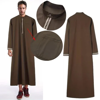 Muslim Men'S Robes Loose Straight Spring Summer Blouse Toga Solid Embroidery Patchwork Arab Middle Eastern National Costume