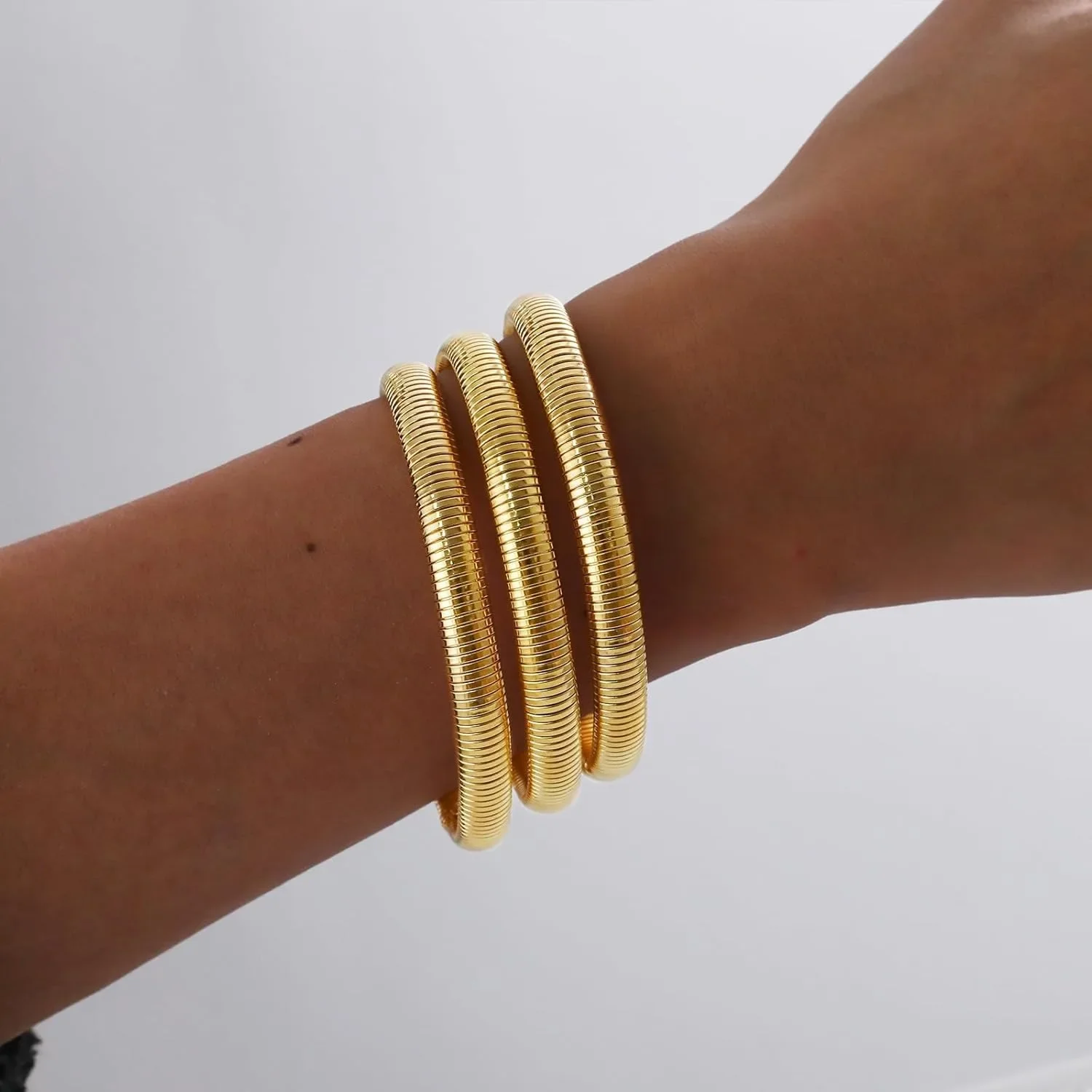 Gold Bangles for Women Chunky Stretch Bangles Bracelets Set 18K Gold Plated Stainless Steel Bracelets Flexible Wide Wristband 2