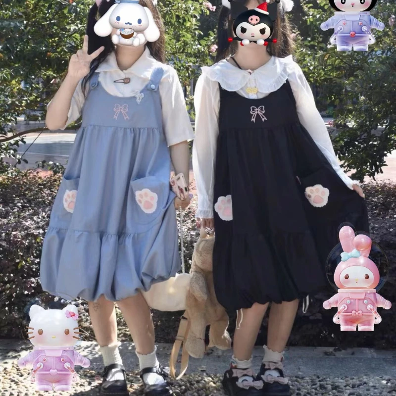 Japan Autumn Kawaii Lolita Two-piece Suit Cosplay Loli Bow Rabbit Ears Shirt Sweet Girl Sleeveless Ruffles Cute Suspender Dress