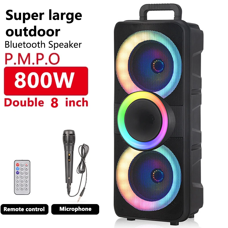 

800W Peak High Power Wireless Bluetooth Speaker Dual 8-Inch Speaker Outdoor Family Party LED light Speaker Box With Microphone