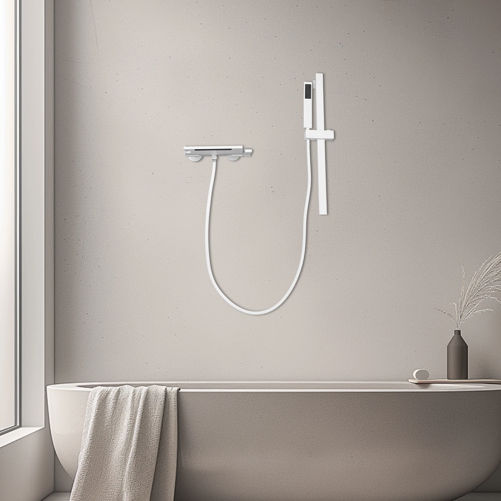 Wasserfall-Badewannenarmatur, Duschkopf, Wasserfall-Badewannenarmatur, Badarmaturen mit Handbrause, Keramik-Ventilkern für Badezimmer, Weiß – Detail 10