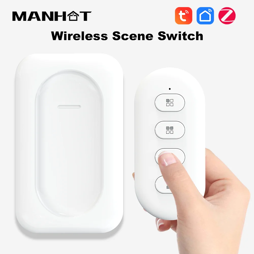 MANHOT Tuya Zigbee Smart Scene Switch 4 Gang 12 Scene Push Button Switch Battery Powered Smart Home Automation Scenario Switch