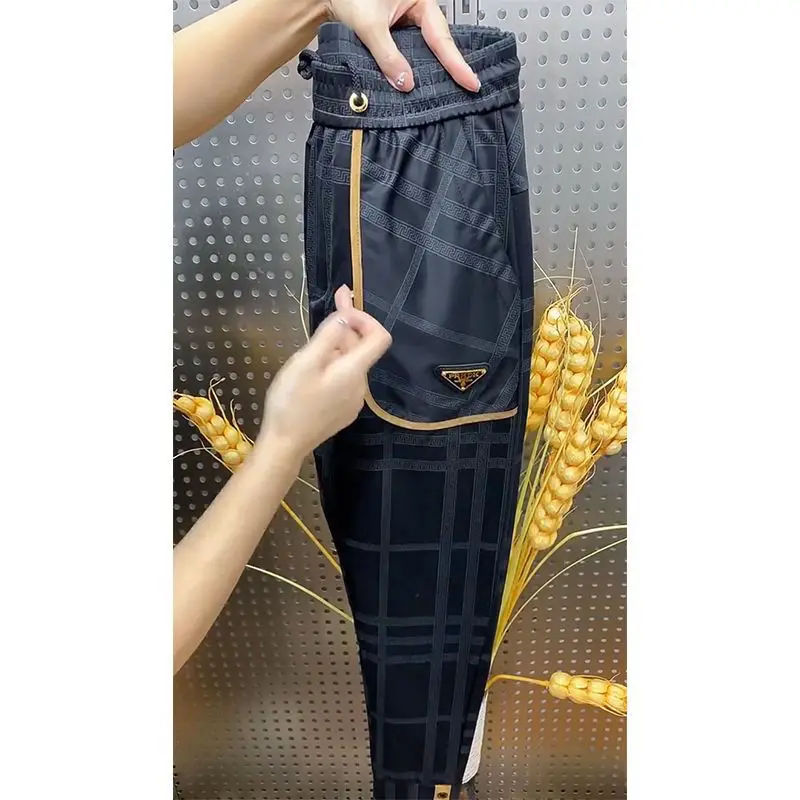 Quick Drying Trousers Summer New Men's Color Patchwork Elastic Printing Pockets Drawstring Trendy Loose Young Style Pencil Pants