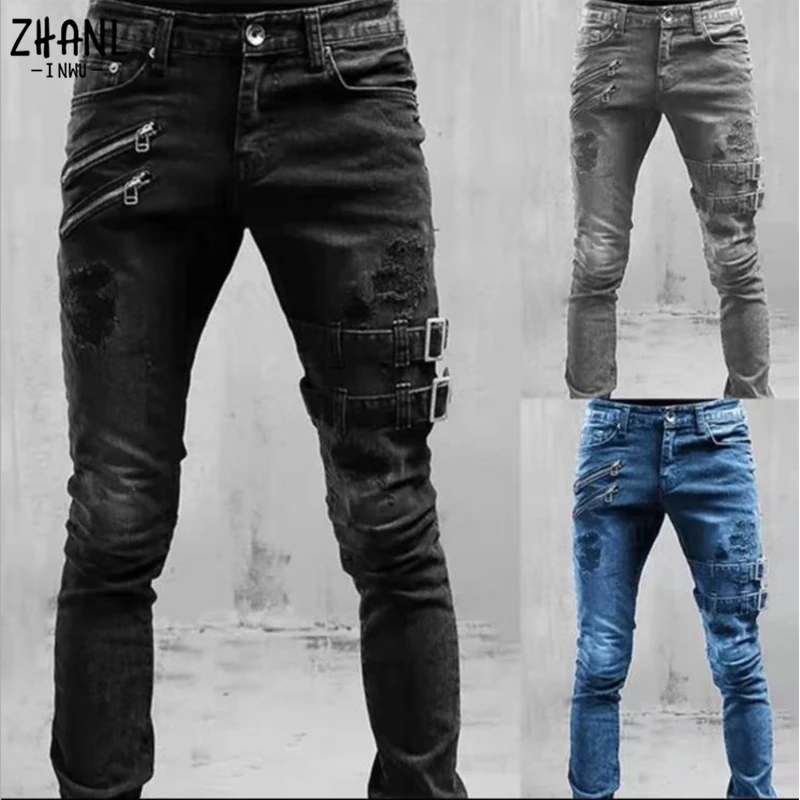 Plus Size Jeans Dritti Uomo Pantaloni Primavera Estate Boyfriend Jeans Streetwear Skinny Zips 3 Colori Pantaloni Lunghi In Denim Cacual