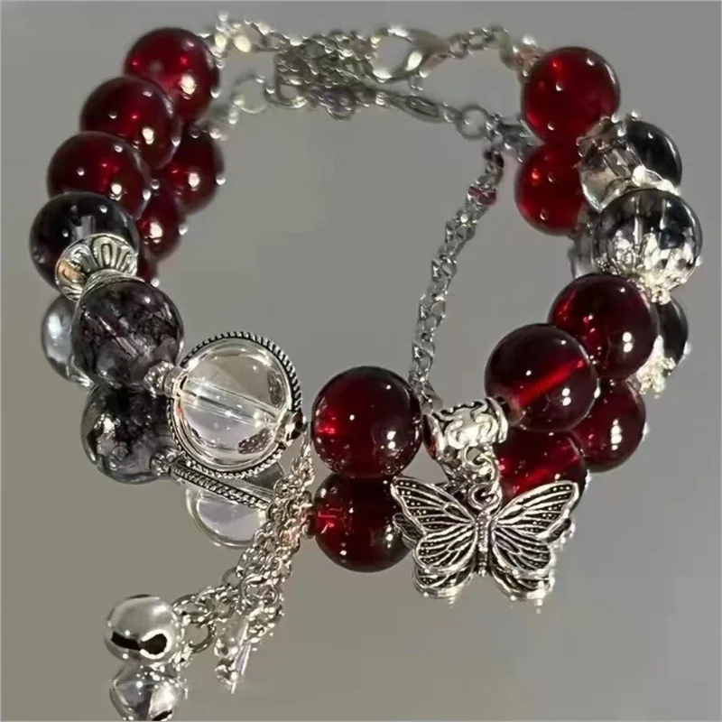 Beaded Bracelet Creative Personalized Red Crystal Feather Pendant Vintage Elastic Beaded Chain for Women