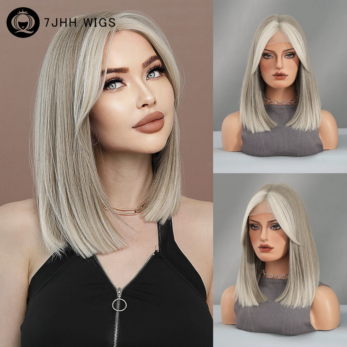 

HD Transparent Lace Front Wig Synthetic Short Straight Ash Brown Lace Bob Wigs with Curtain Bangs High Density T Part Lace Wigs