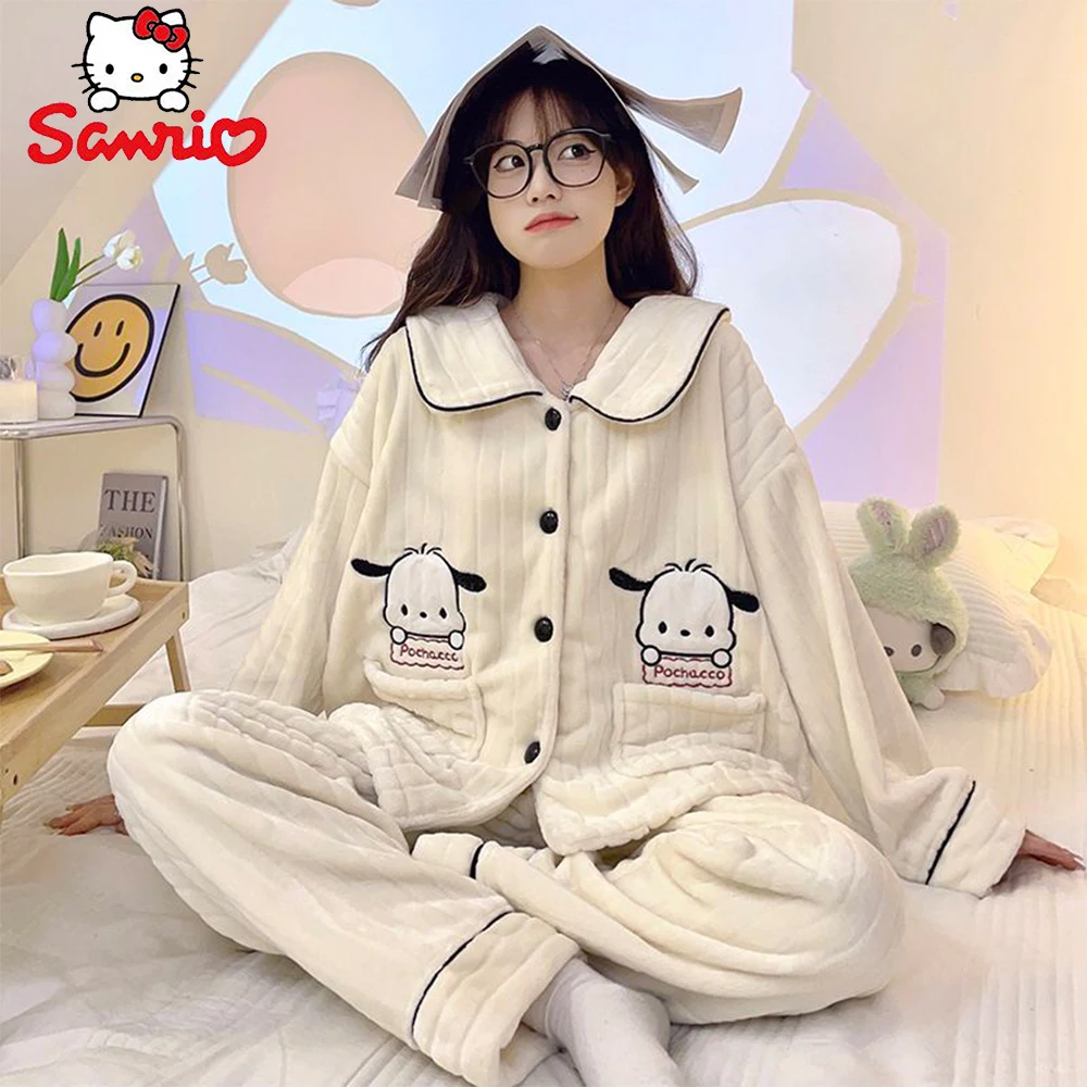

Милая женская Фланелевая пижама Sanrio понравико Hello Kitty Kuromi осенне-зимняя аниме кардиган свободная утепленная теплая домашняя одежда