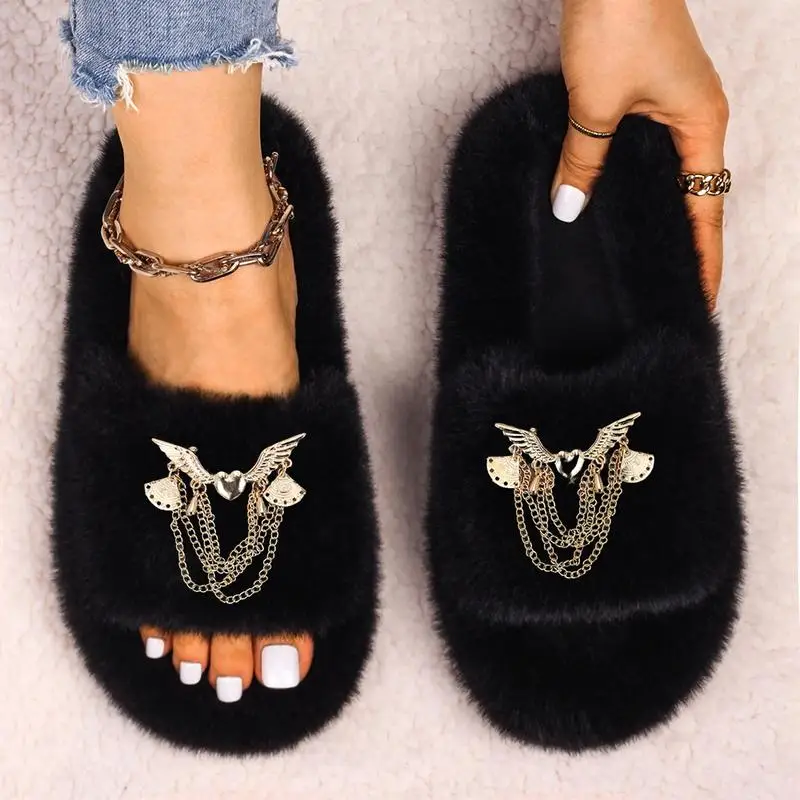 Fashion Faux Fur Warm Shoes Fly Heart Chain Tassel Design Winter Women Furry Slippers Flats Female Plush Indoor Home Slides
