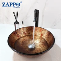 ZAPPO Brown Round Bathroom Sinks Above Counter Contemporary Tempered Glass Bathroom Vessel Sink Bowls Matching Style Faucet 1