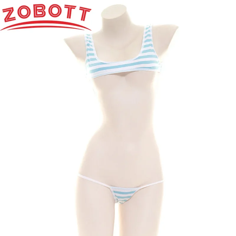 Women Lingerie Japanese Sexy Lolita Kawaii Blue Pink Striped Mini Bikini Adult Cosplay Costume