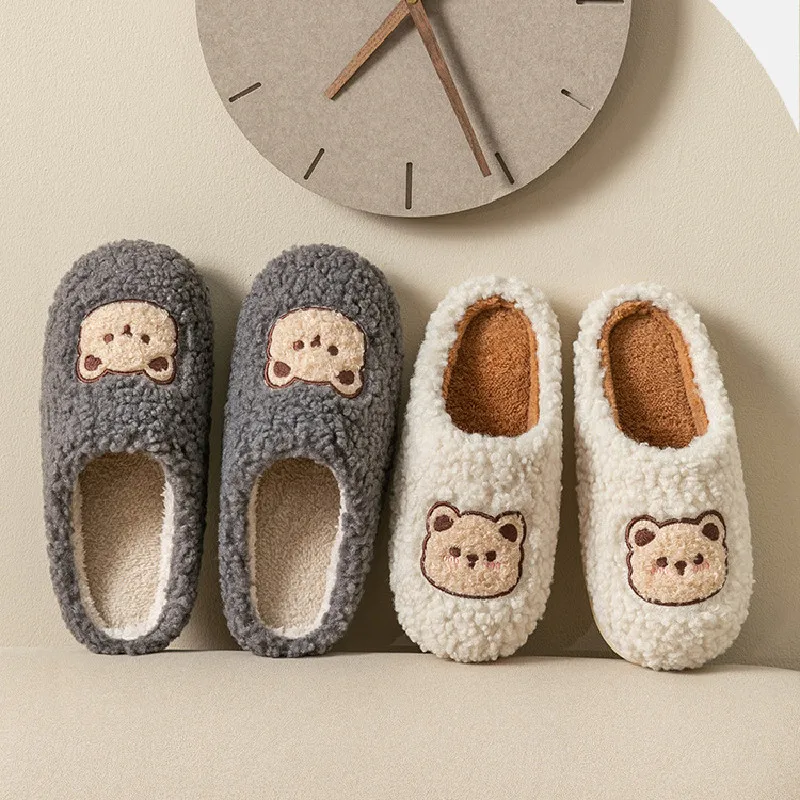 New Women Home Slippers Men Furry Indoor Bedroom Flats Warm Plush Couples Cute Cartoon Bear Winter Floor Slides Non-slip Shoes 2