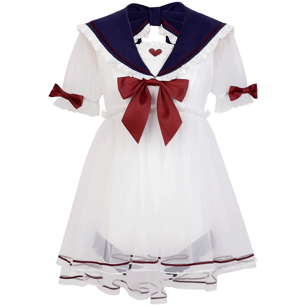 Japanese Cute Style OP Lolita Kawaii Loli Cosplay Sweet Girls Sailor Swimsuit Ruffled Ribbon Bow Mesh Love Stripe Dress