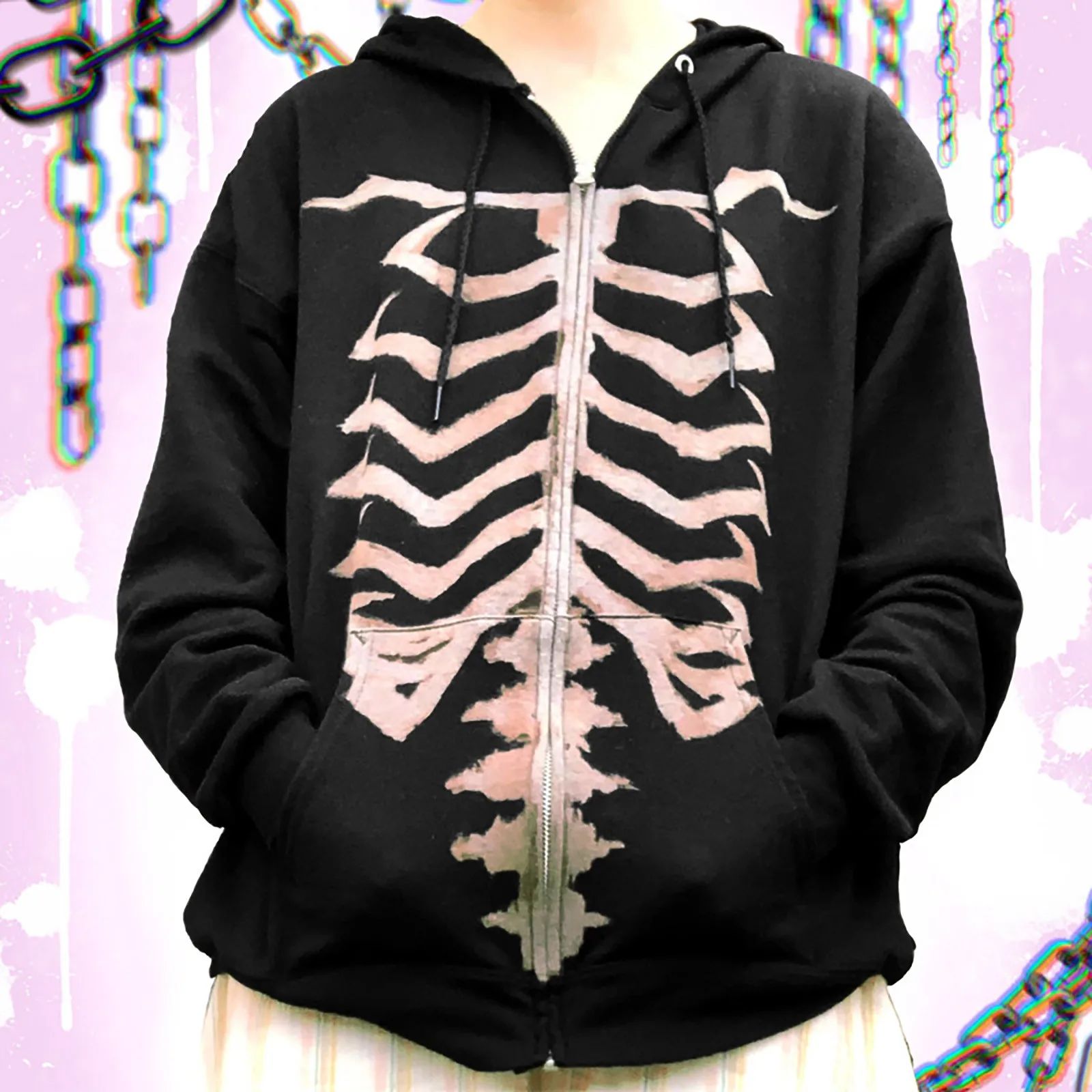 Womens Zip Up Hoodie Skeleton Graphic 