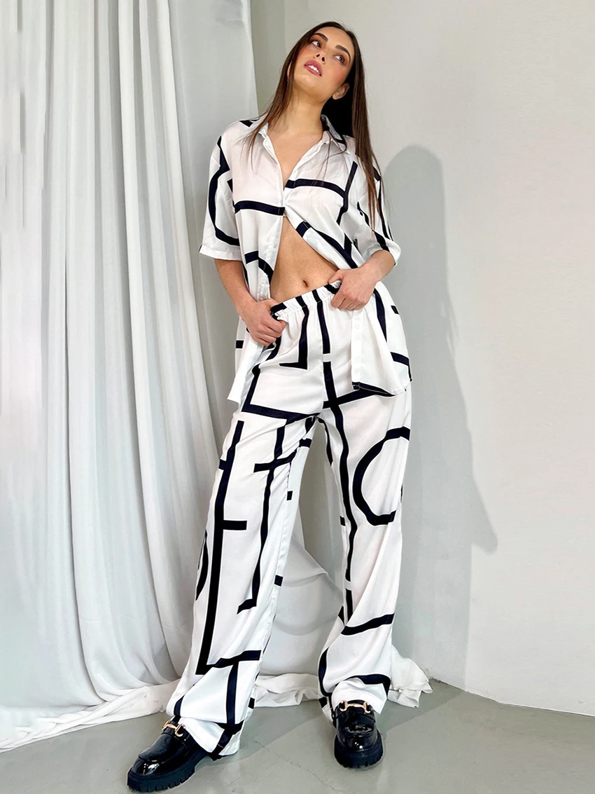 Marthaqiqi Summer Printing Ladies Pajamas Suit Turn-Down Collar Nightwear Half Sleeve Sleepwear Pants Casual Home Clothes Women